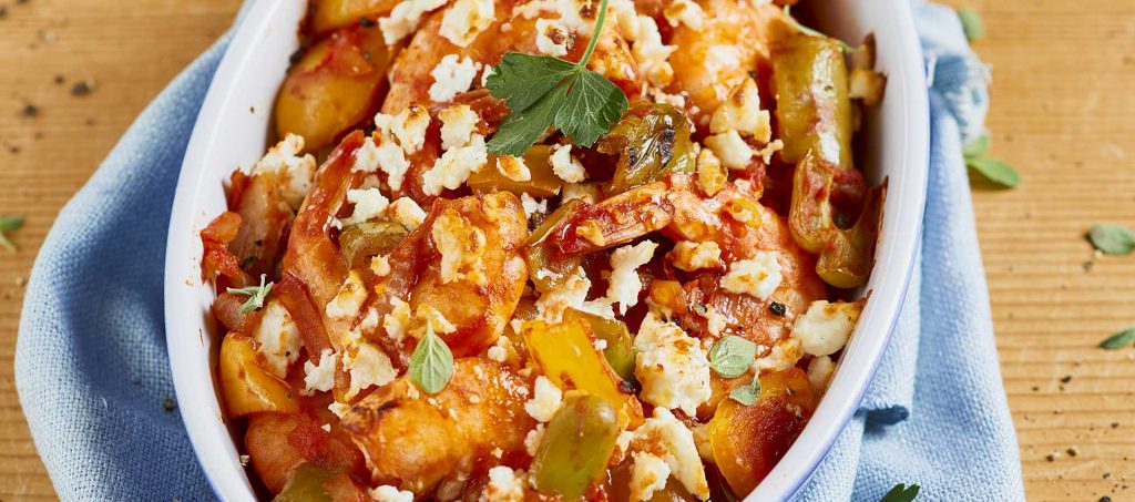Crevetten mit Paprikaschoten, Tomaten und Feta-Käse Crevetten mit Paprikaschoten, Tomaten und Feta-Käse