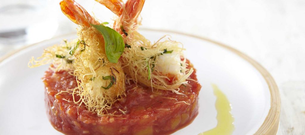 Prawn and basil kadaif, tomato and exotic fruit chutney Prawn and basil kadaif, tomato and exotic fruit chutney