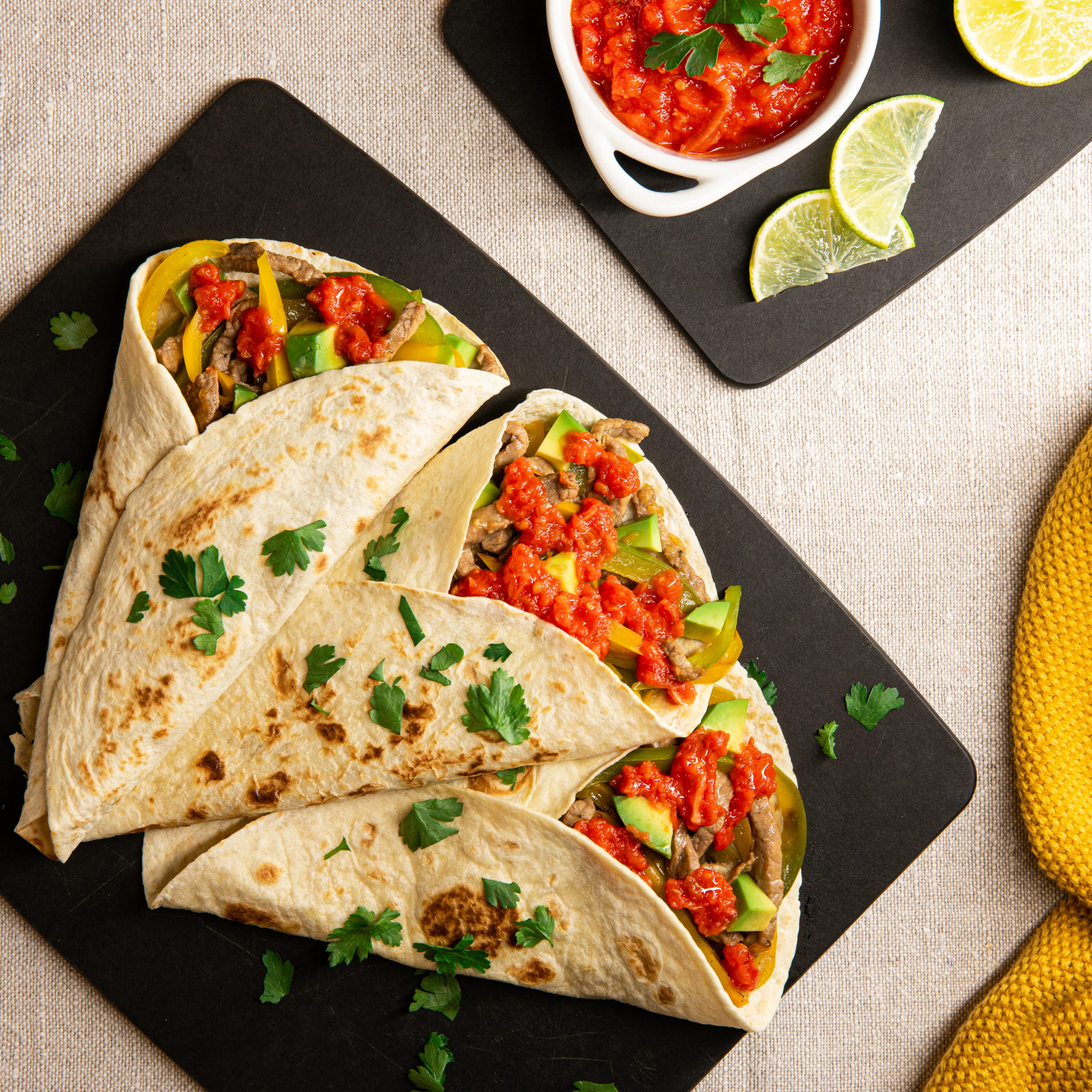 FAJITAS WITH BEEF, AVOCADO, POMODORO and LIME