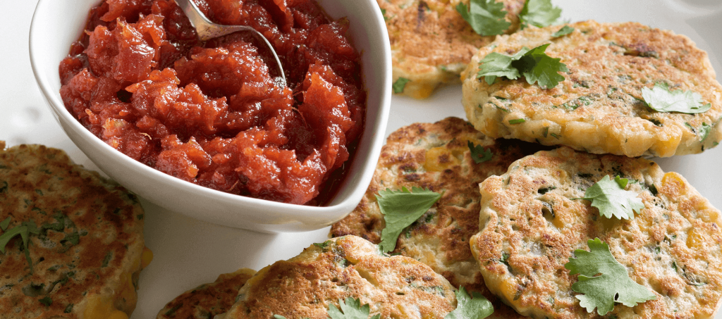 Chickpea, corn and zucchini fritters with tomato relish Chickpea, corn and zucchini fritters with tomato relish