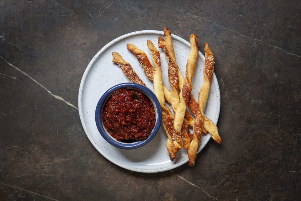 Tomato, pancetta and truffle jam with Parmesan puff pastry sticks Tomato, pancetta and truffle jam with Parmesan puff pastry sticks