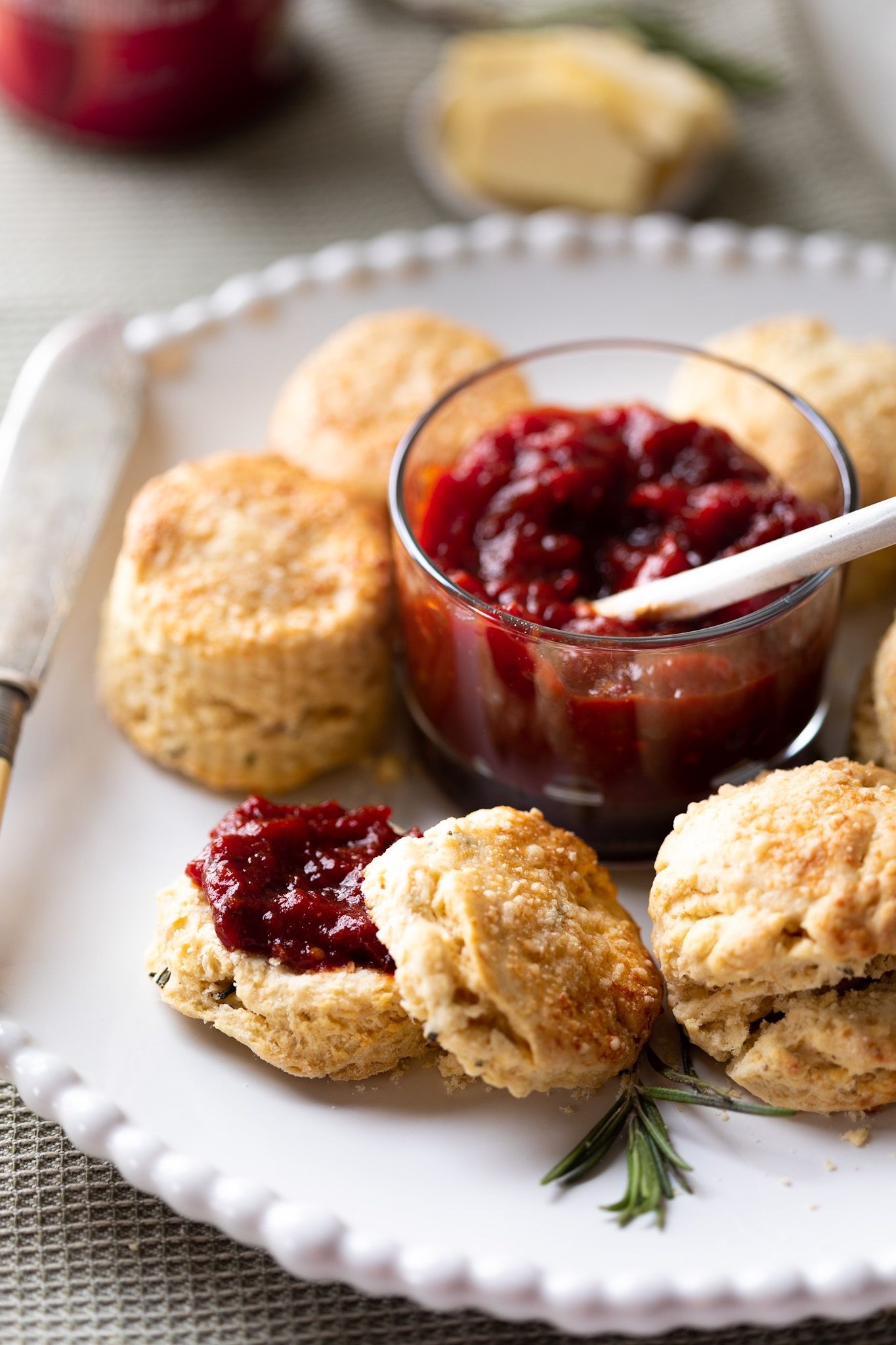Rosemary parmesan scones with tomato jam