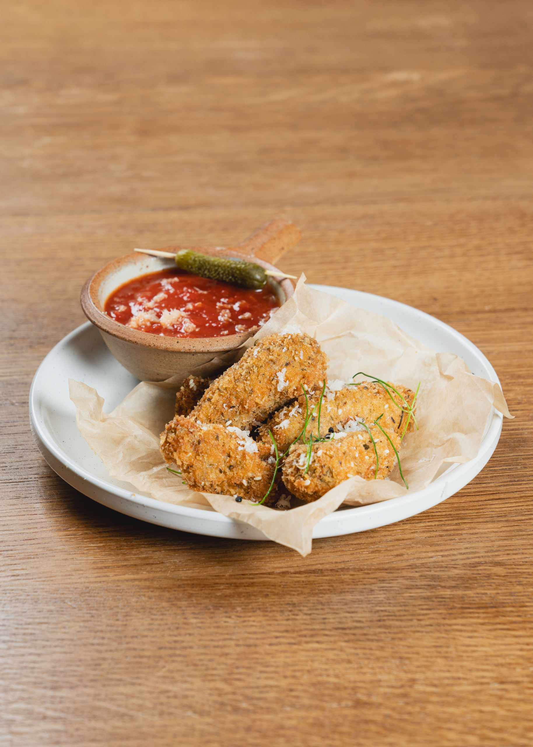 Deep-fried Za’atar Pickles with Bloody Mary dipping sauce