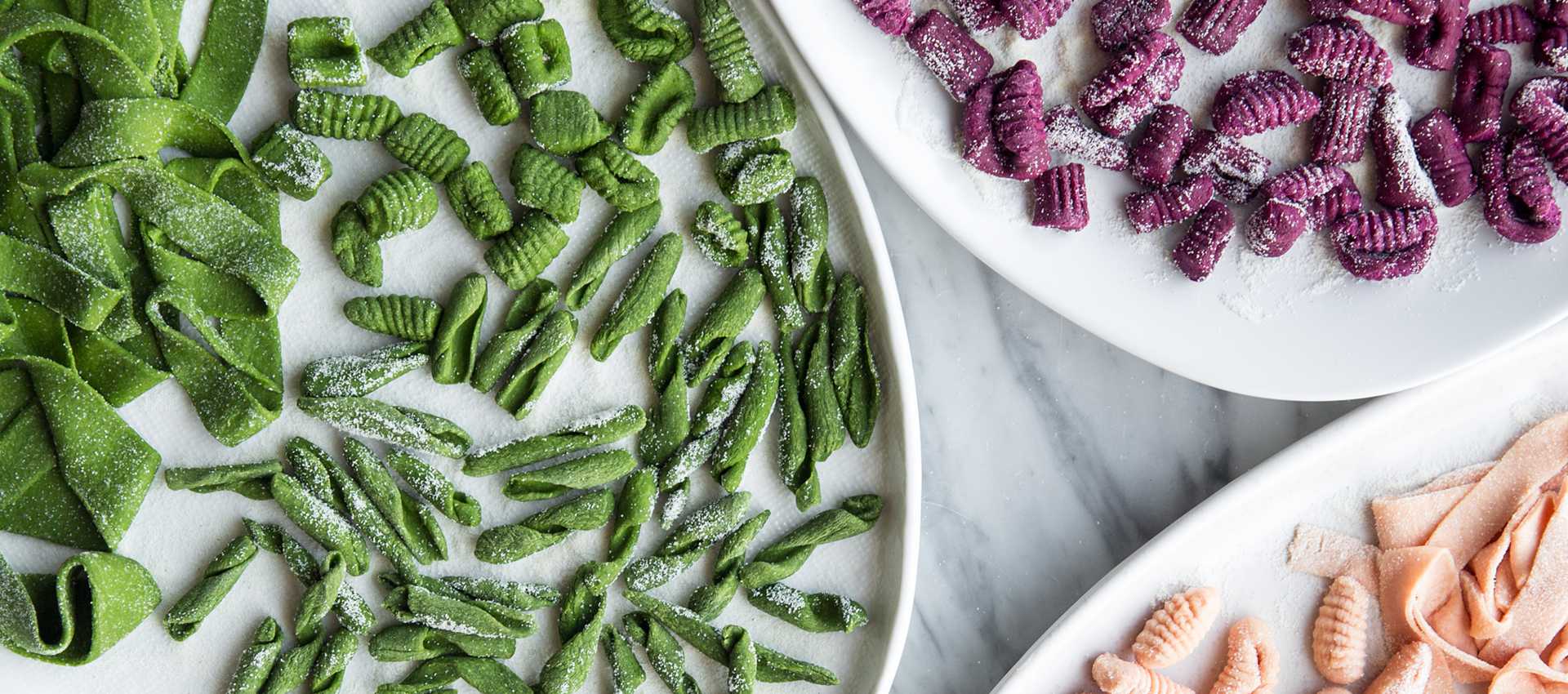 Rainbow pasta with tomato puree