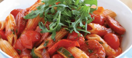 Penne cu chorizo, dovlecel & rosii cherry Penne cu chorizo, dovlecel & rosii cherry