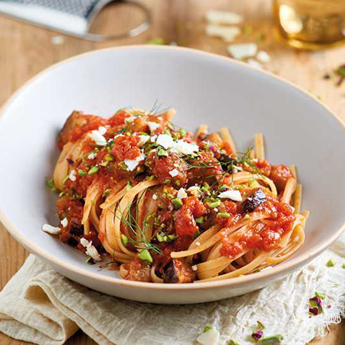 linguine with tomatoes eggplants and pistachio sauce