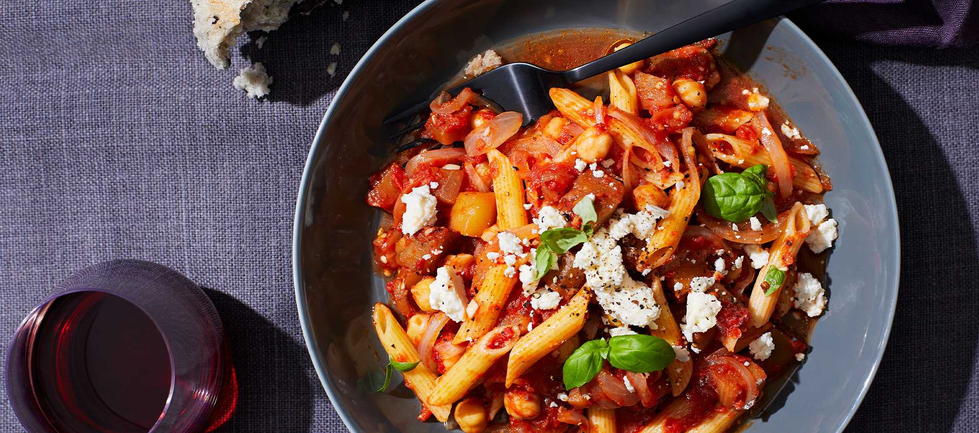 Penne with Eggplant, Tomatoes and Chick Peas