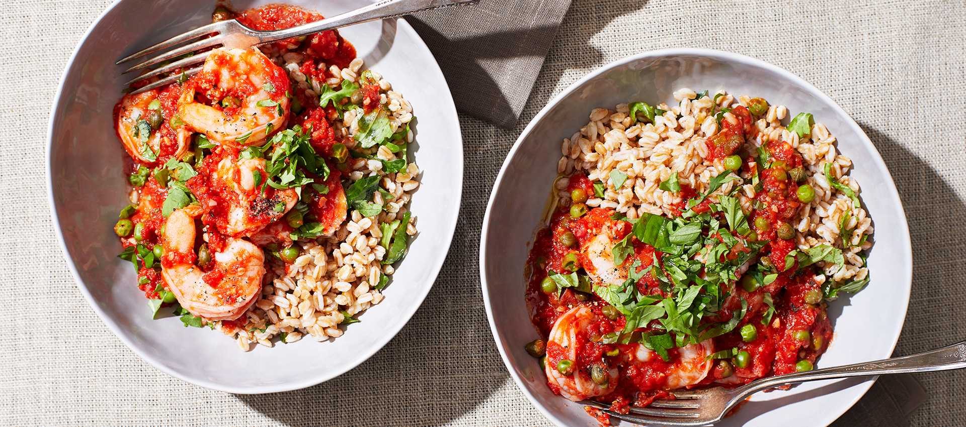 Tomato Poached Shrimp with Peas, Herbs and Farro