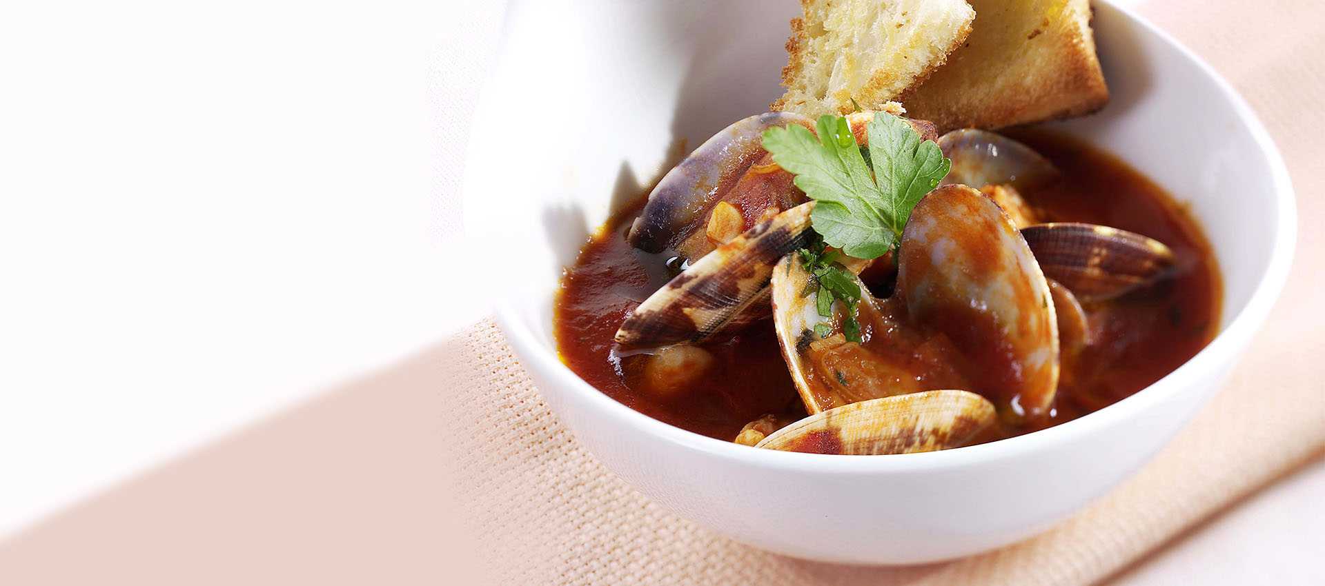 Hazelnut Soup with Clams and Tomato Puree