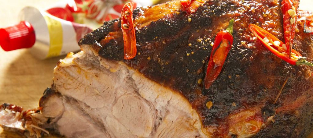 Oven roasted pork loin with tomato, honey and chili Oven roasted pork loin with tomato, honey and chili
