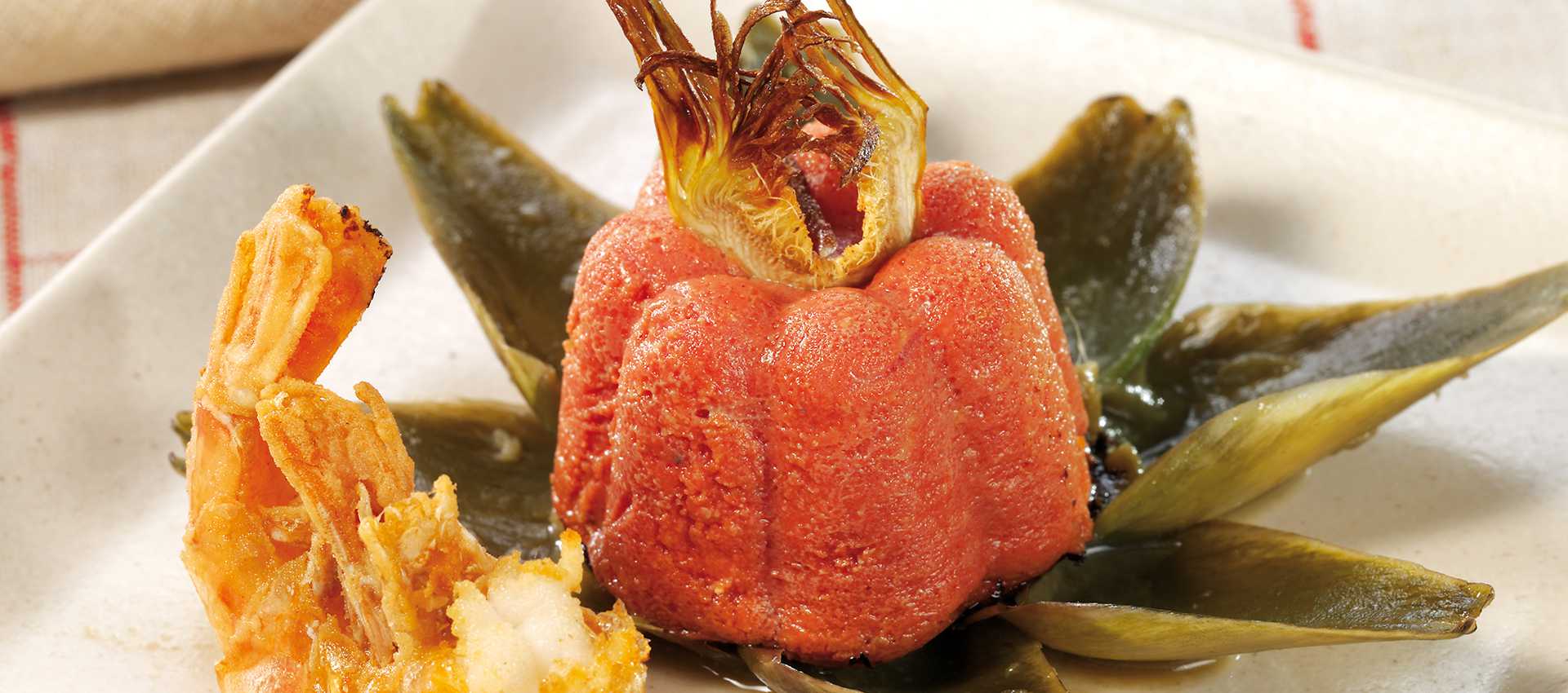 Tomato, Artichoke and Shrimp Flan with Tomato Puree