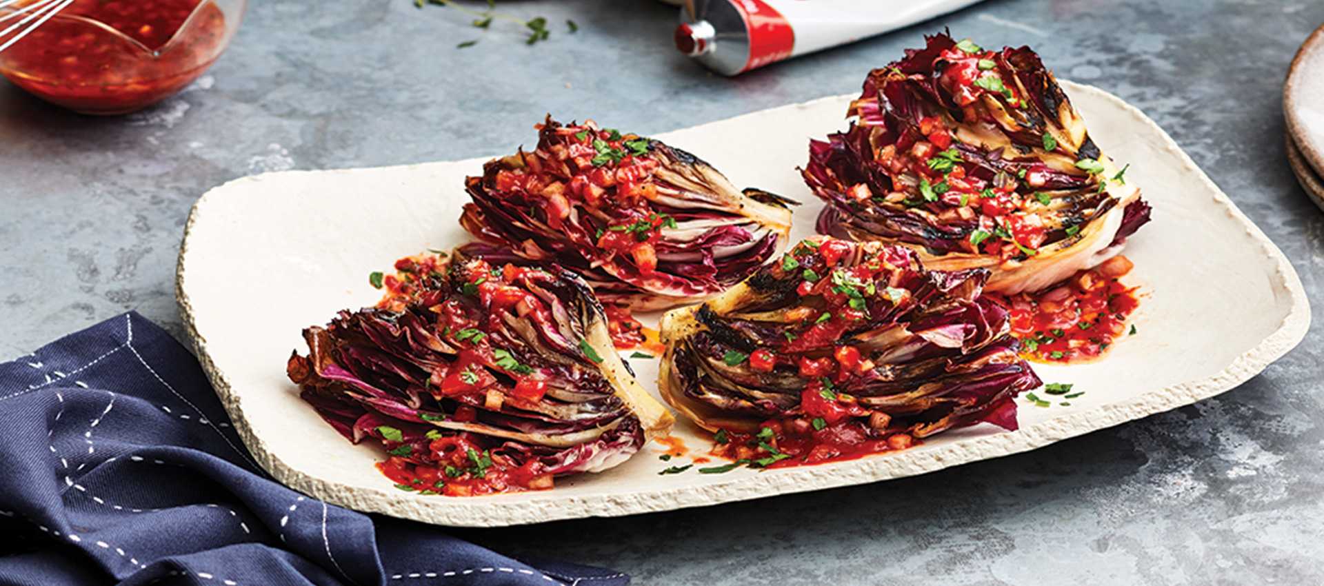 grilled radicchio with tomato white balsamic vinaigrette
