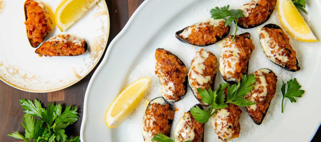 Pepperoni Rice-Stuffed Mussels with Lemon Aioli Pepperoni Rice-Stuffed Mussels with Lemon Aioli