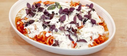 Spicy chitarra pasta with burrata, anchovy colatura, and basil Spicy chitarra pasta with burrata, anchovy colatura, and basil