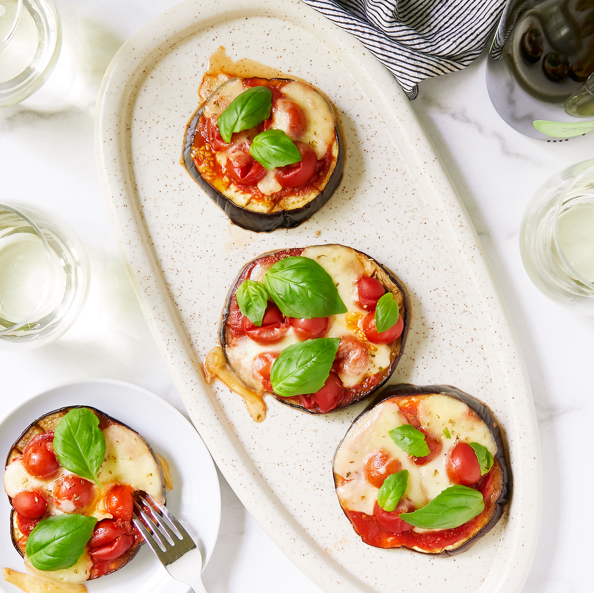 Bite-Sized Tomato Eggplant Pizzas with Sauce