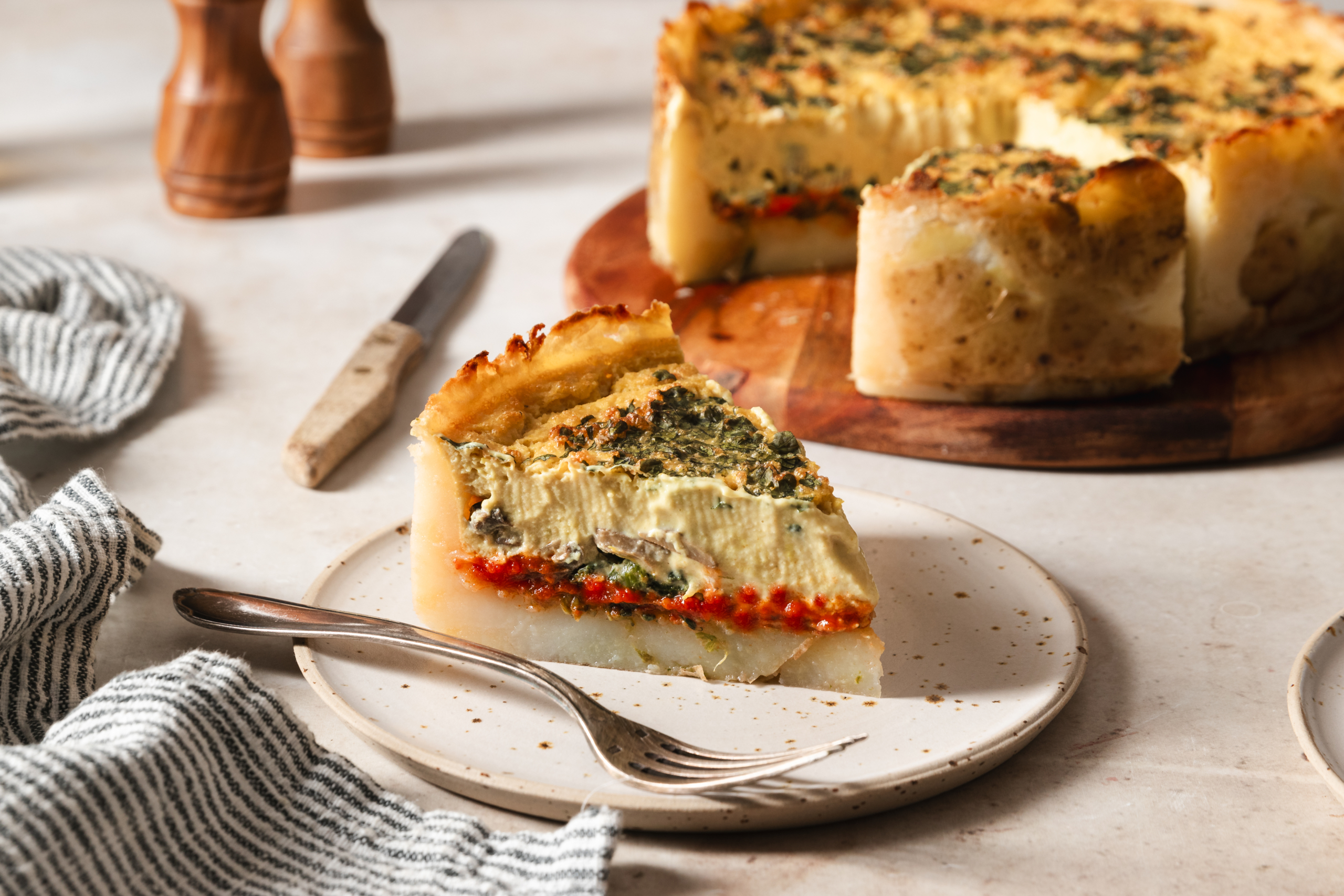 Potato quiche with mushrooms and spinach