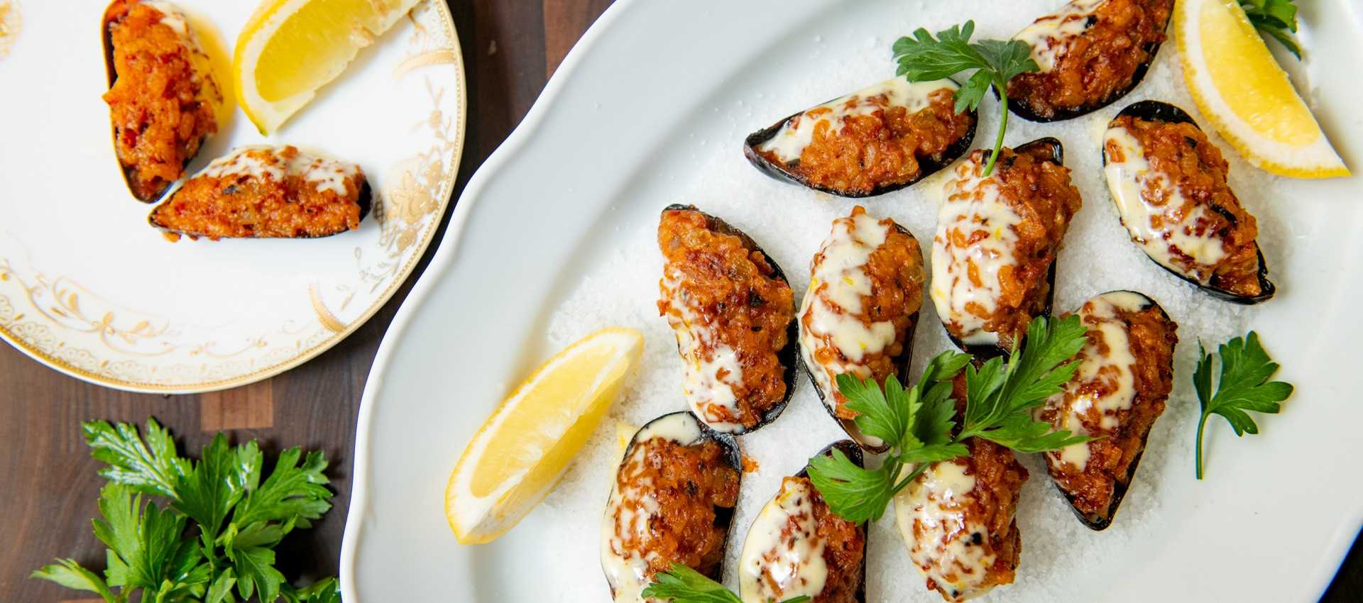 Pepperoni Rice-Stuffed Mussels with Lemon Aioli